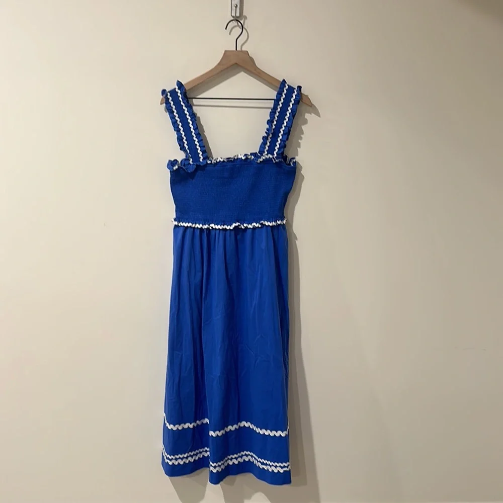• En Saison • Women’s Smocked Sun Midi Dress Blue and White Medium - Picture 3 of 5